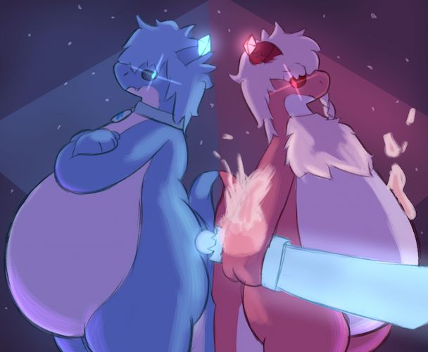 drawing of absolute, a blue dragon, and raimei, a red dragon, posing with their backs to each other. their eyes and octahedral cores glow with their respective colors